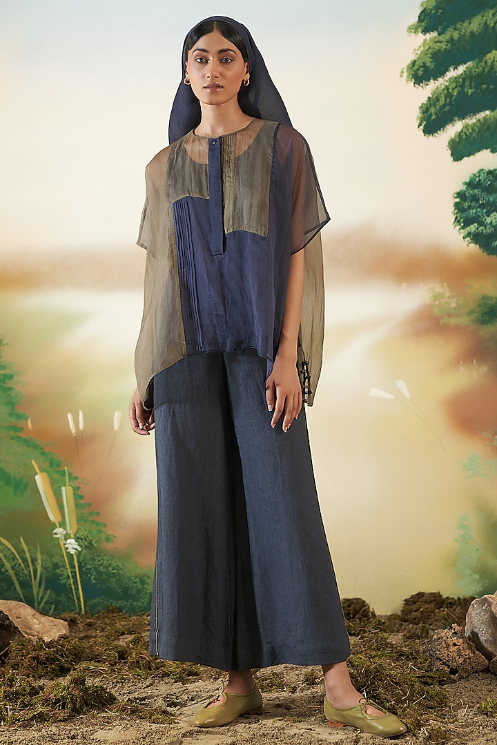 Olive & Blue Silk Organza Kaftan Top by FEBo6