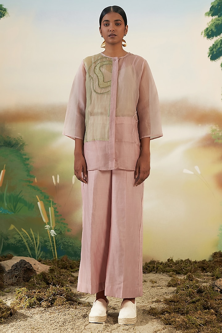 Dusk Pink & Green Embellished Sheer Top by FEBo6 at Pernia's Pop Up Shop