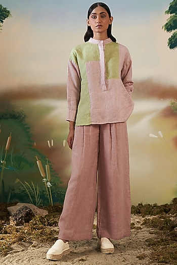 Dust Pink & Cucumber Green Linen Co-Ord Set by FEBo6 at Pernia's Pop Up Shop