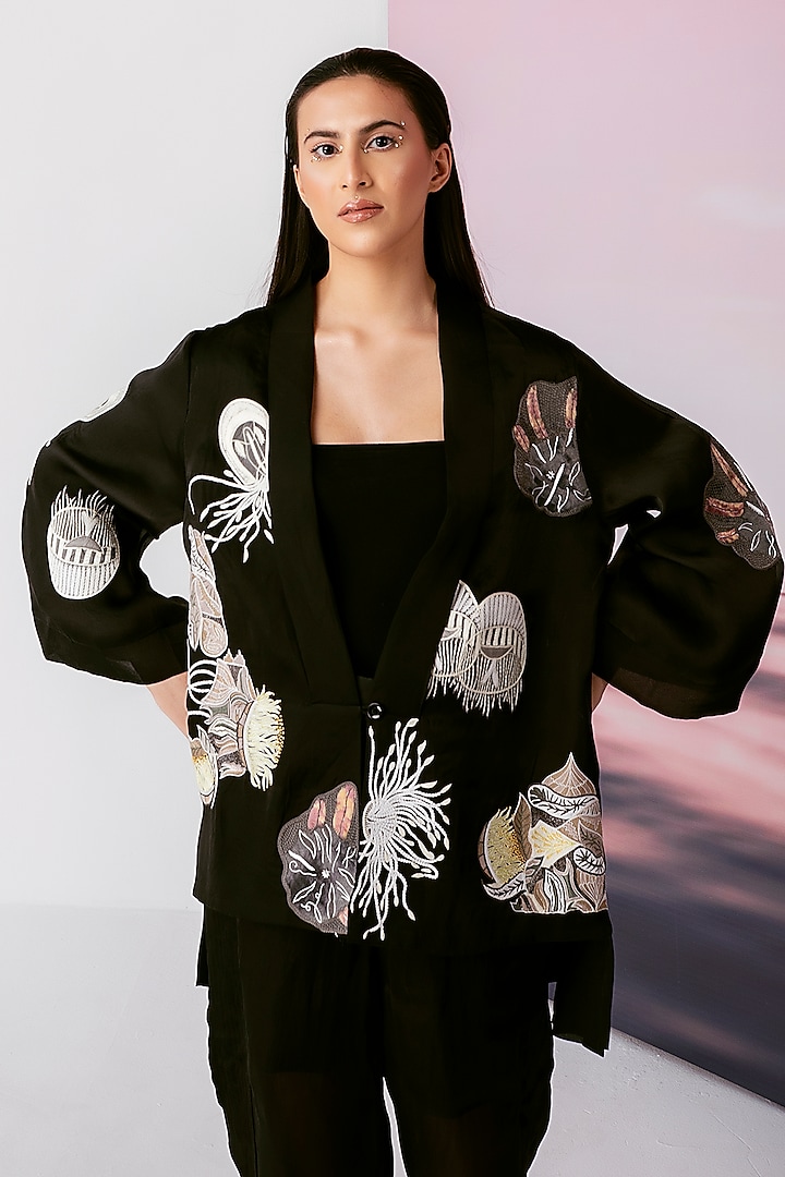 Black Silk Thread Embroidered Jacket by FEBo6