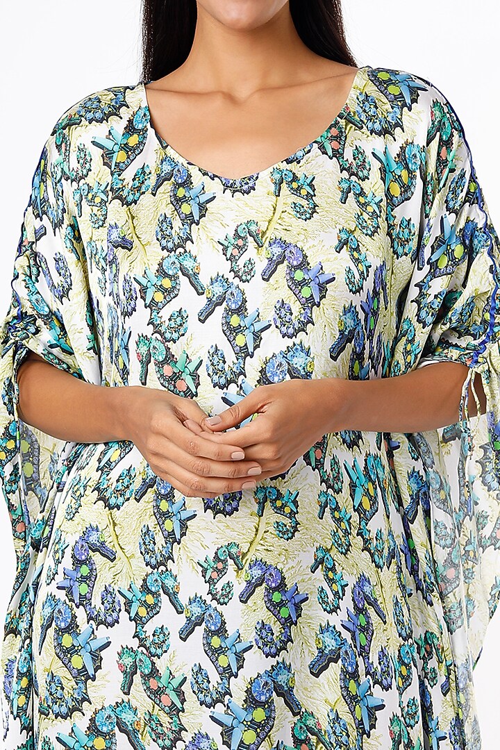 White & Blue Printed Kaftan by Felix bendish at Pernia's Pop Up Shop