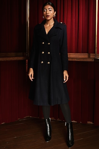 Navy Blue Wool Coat by House Of Fett
