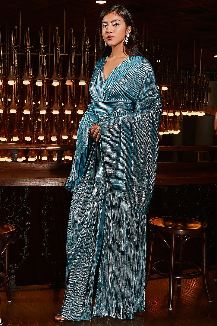 Turquoise Draped Pleated Gown by House Of Fett
