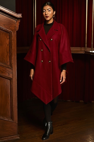 Maroon Wool Asymmetrical Overcoat by House Of Fett