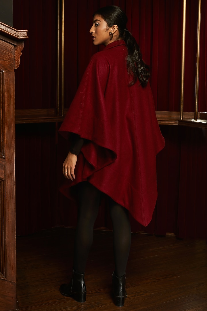 Maroon Wool Asymmetrical Overcoat by House Of Fett at Pernia's Pop Up Shop