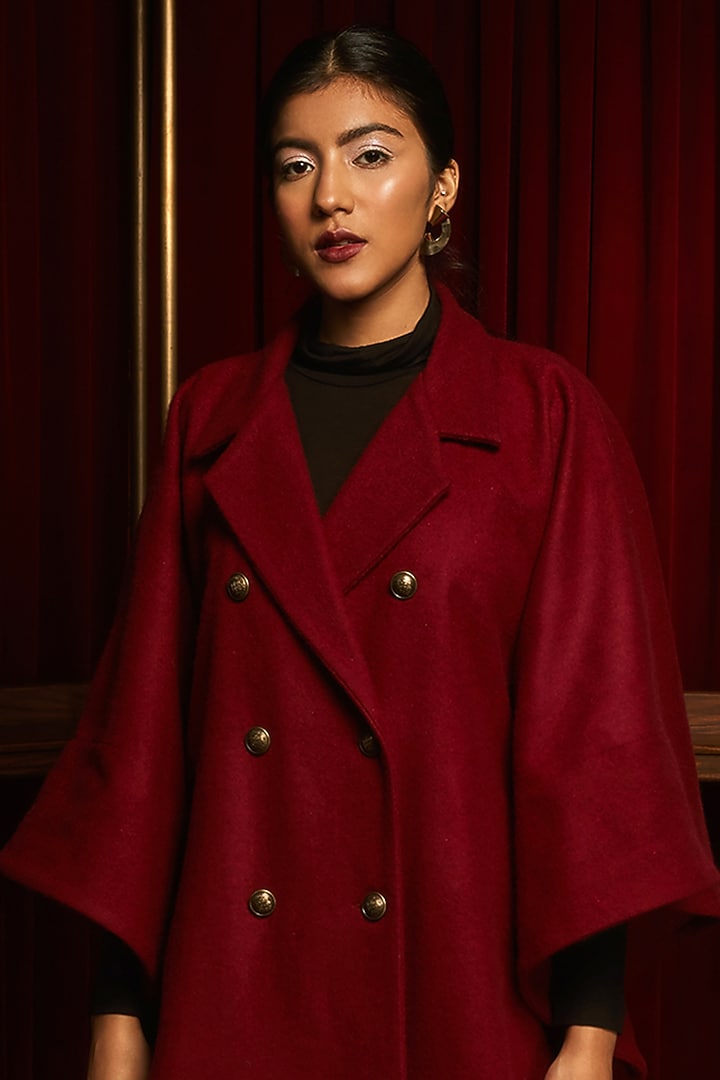 Maroon Wool Asymmetrical Overcoat by House Of Fett at Pernia's Pop Up Shop