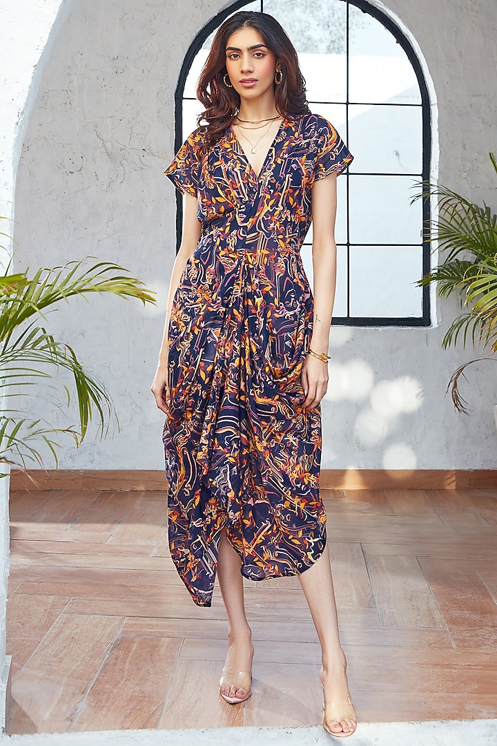 Blue Cotton Floral Printed Draped Dress by House Of Fett