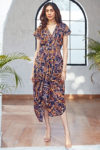 Blue Cotton Floral Printed Draped Dress by House Of Fett