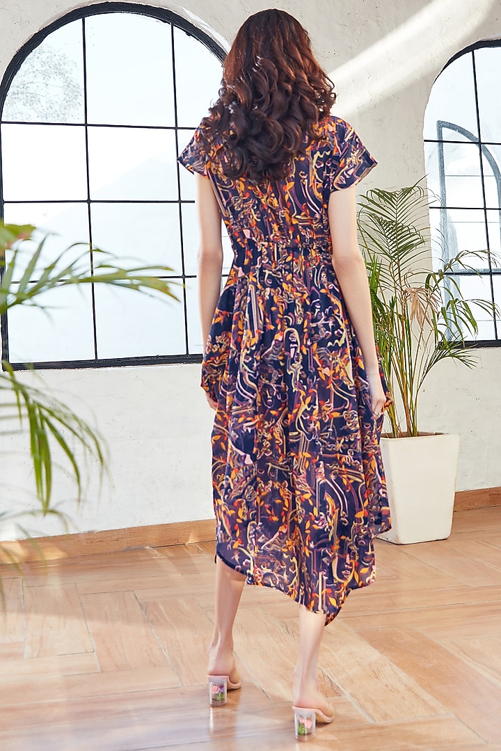 Blue Cotton Floral Printed Draped Summer Dress by House Of Fett at Pernia's Pop Up Shop