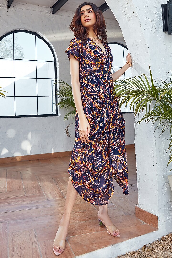 Blue Cotton Floral Printed Draped Summer Dress by House Of Fett at Pernia's Pop Up Shop