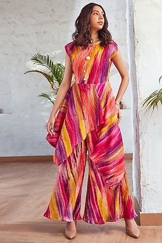 Multi-Colored Georgette Printed Asymmetric Co-Ord Set by House Of Fett