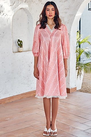 Pink Cotton A-Line Dress by House Of Fett