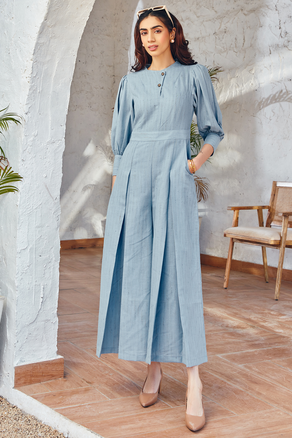 Blue Cotton Wide-Legged Jumpsuits by House Of Fett