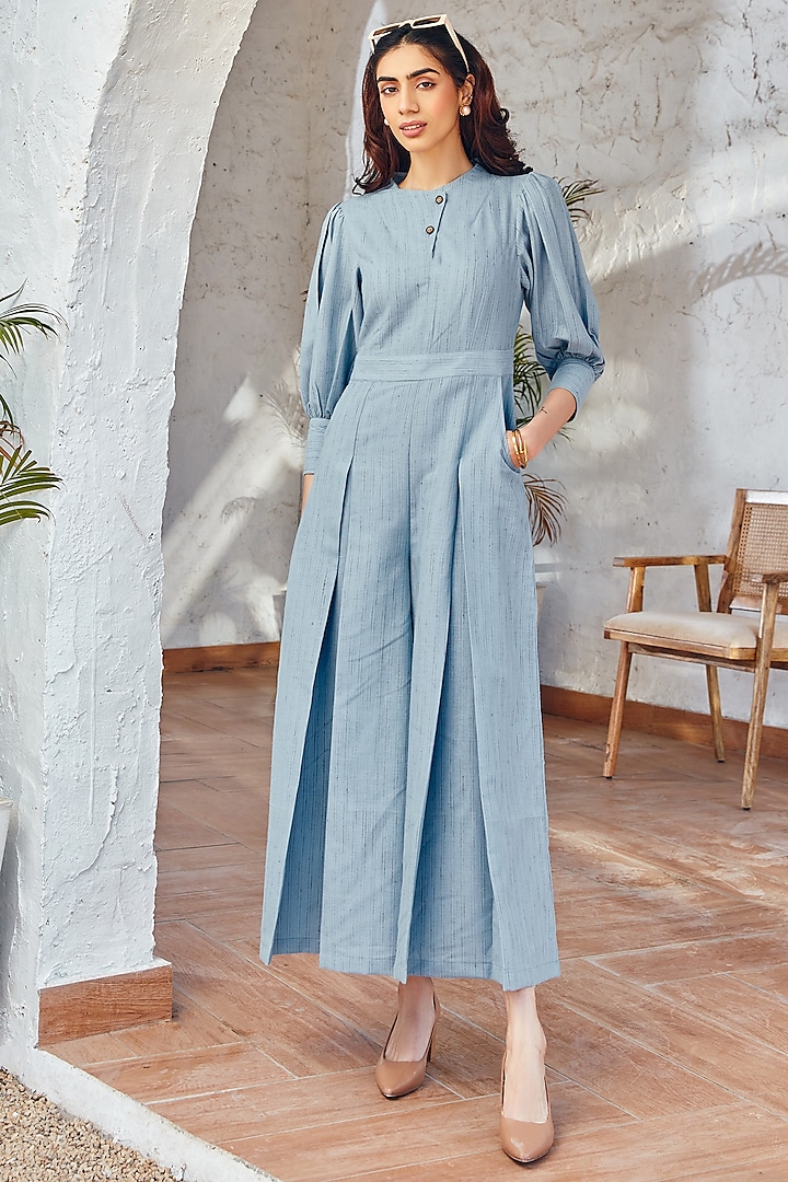 Blue Cotton Wide-Legged Jumpsuits by House Of Fett