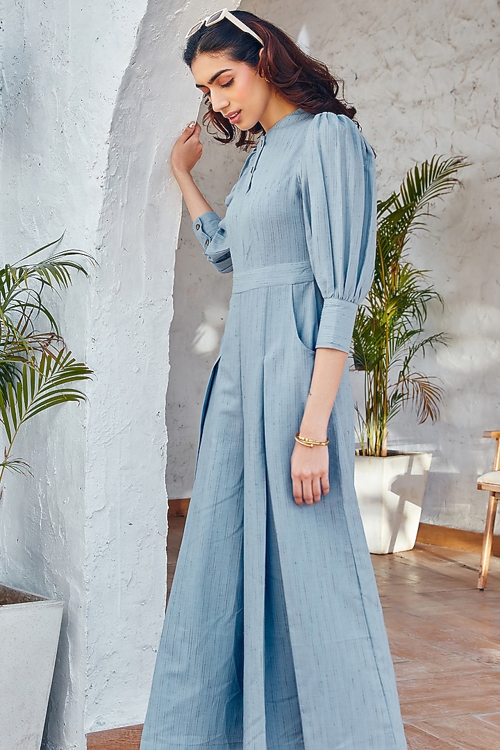 Blue Cotton Wide-Legged Jumpsuits by House Of Fett at Pernia's Pop Up Shop