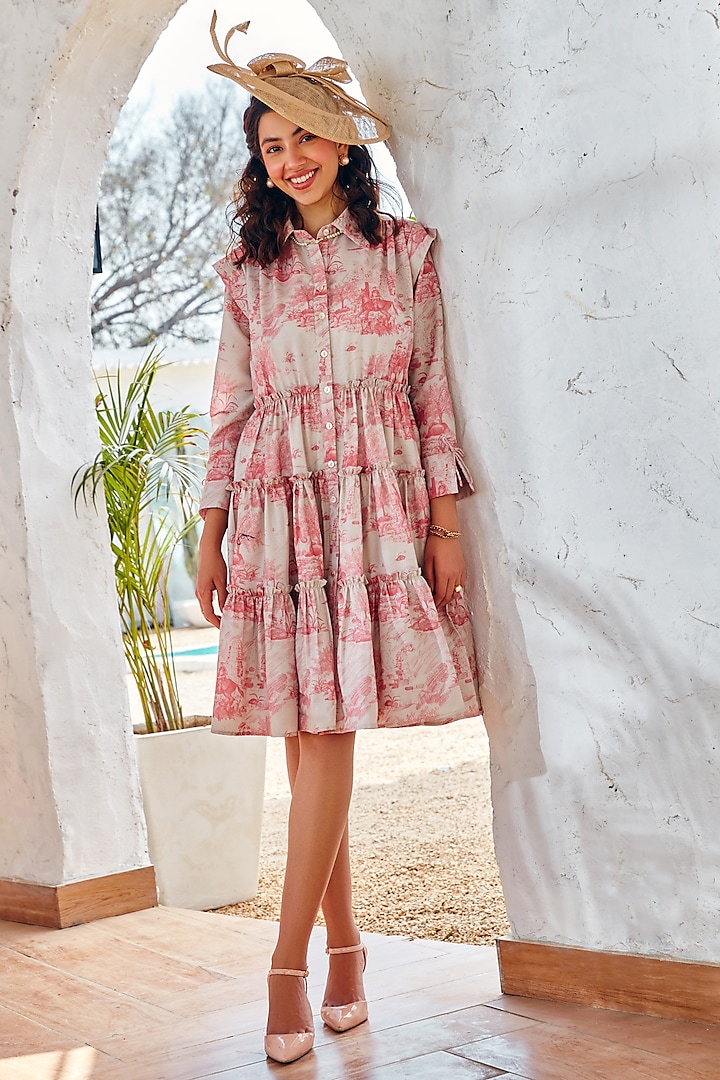 Off -White & Rose Pink Cotton Linen Printed Tiered Dress by House Of Fett