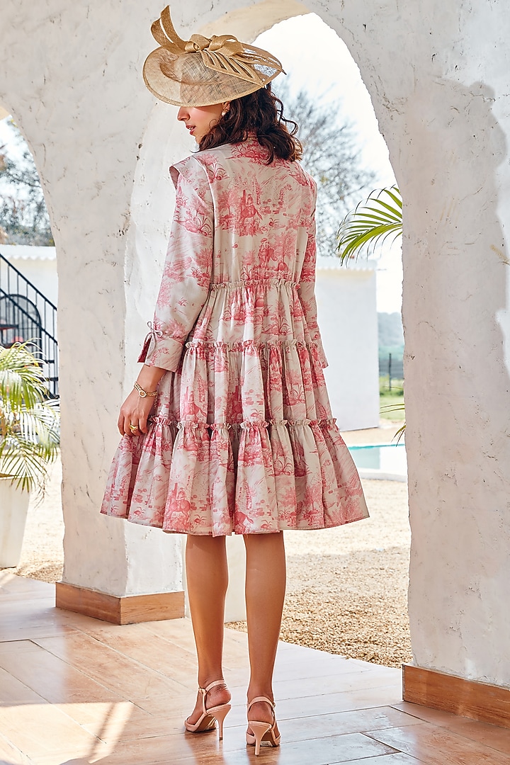 Off -White & Rose Pink Cotton Linen Printed Tiered Summer Dress by House Of Fett at Pernia's Pop Up Shop