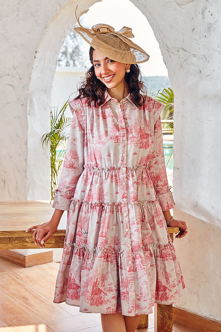 Off -White & Rose Pink Cotton Linen Printed Tiered Summer Dress by House Of Fett at Pernia's Pop Up Shop