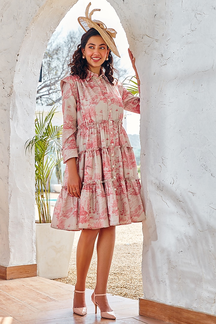 Off -White & Rose Pink Cotton Linen Printed Tiered Summer Dress by House Of Fett at Pernia's Pop Up Shop