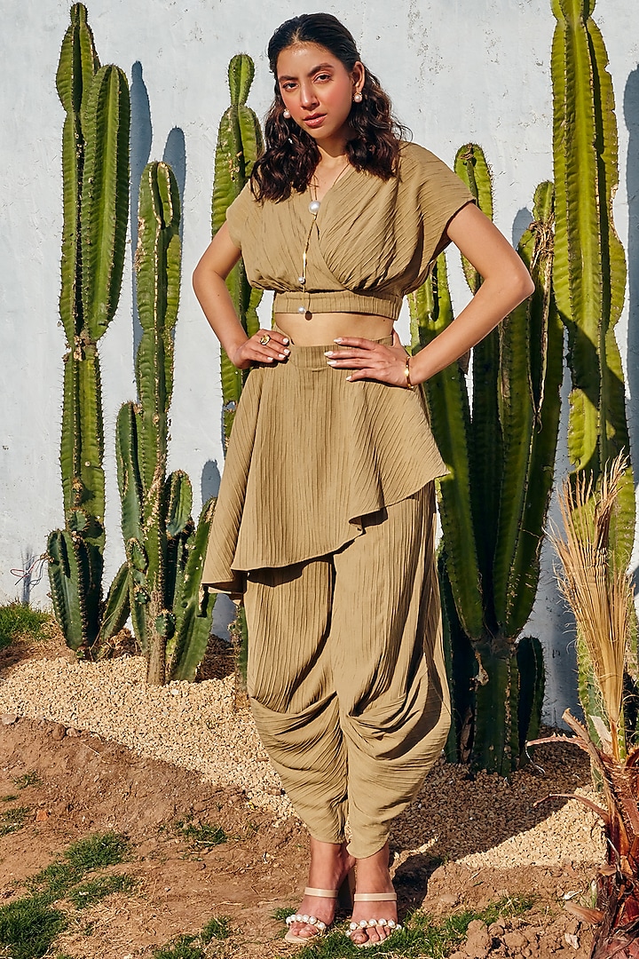 Dark Beige Pleated Crepe Co-Ord Set by House Of Fett