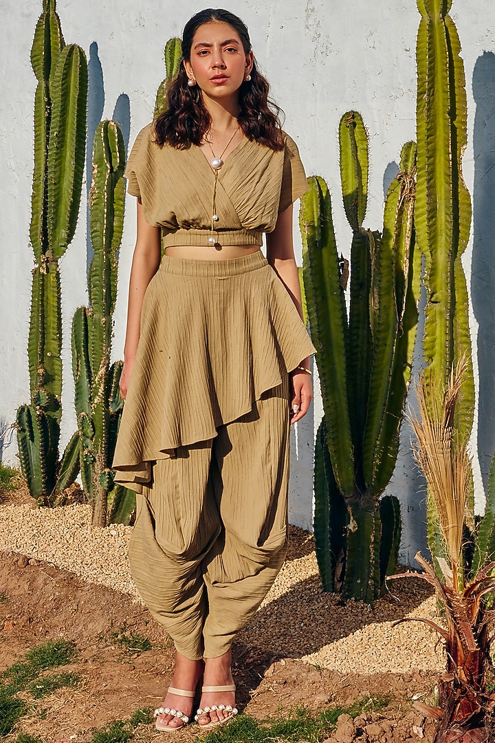 Dark Beige Pleated Crepe Co-Ord Set by House Of Fett at Pernia's Pop Up Shop