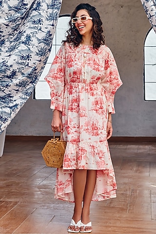 Off- White & Rose Pink Mul Cotton Printed Asymmetric Dress by House Of Fett
