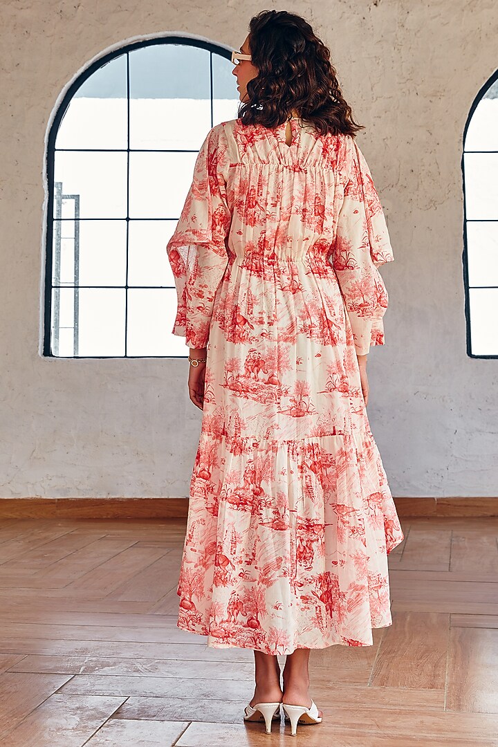 Off- White & Rose Pink Mul Cotton Printed Asymmetric Summer Dress by House Of Fett at Pernia's Pop Up Shop