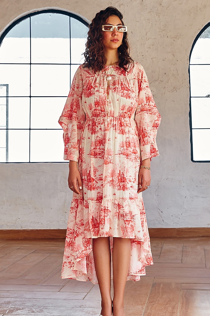 Off- White & Rose Pink Mul Cotton Printed Asymmetric Summer Dress by House Of Fett at Pernia's Pop Up Shop