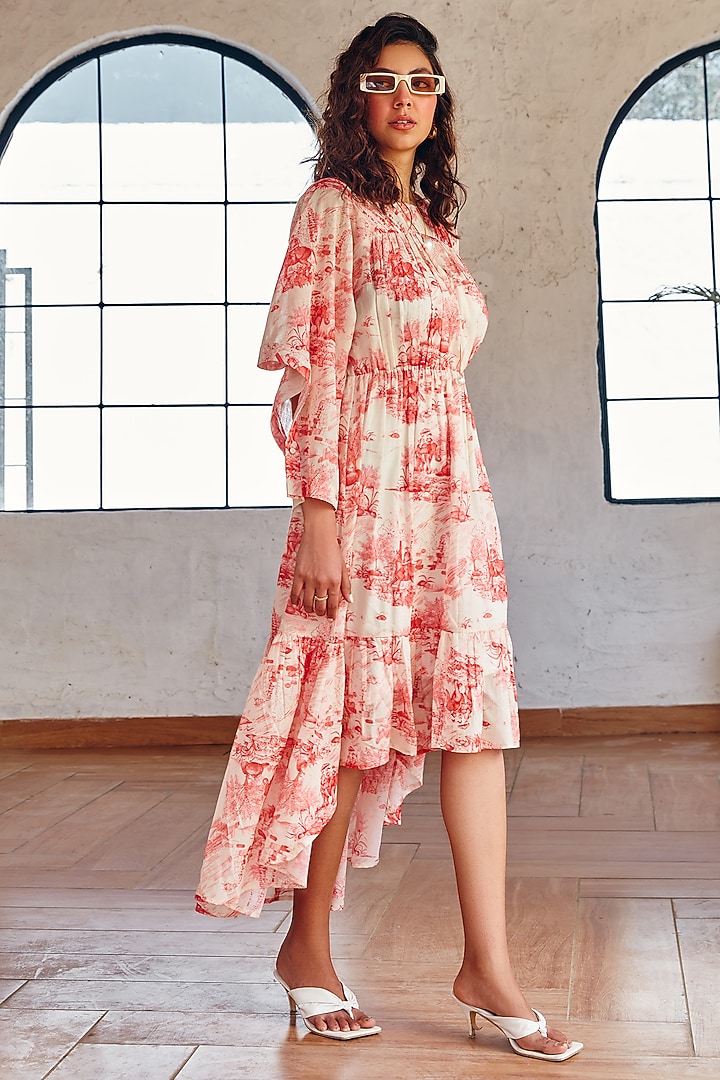 Off- White & Rose Pink Mul Cotton Printed Asymmetric Summer Dress by House Of Fett at Pernia's Pop Up Shop