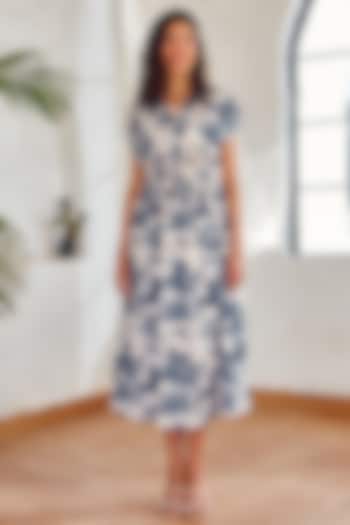 Off- White & Ink Blue Cotton Linen Printed Midi Dress by House Of Fett