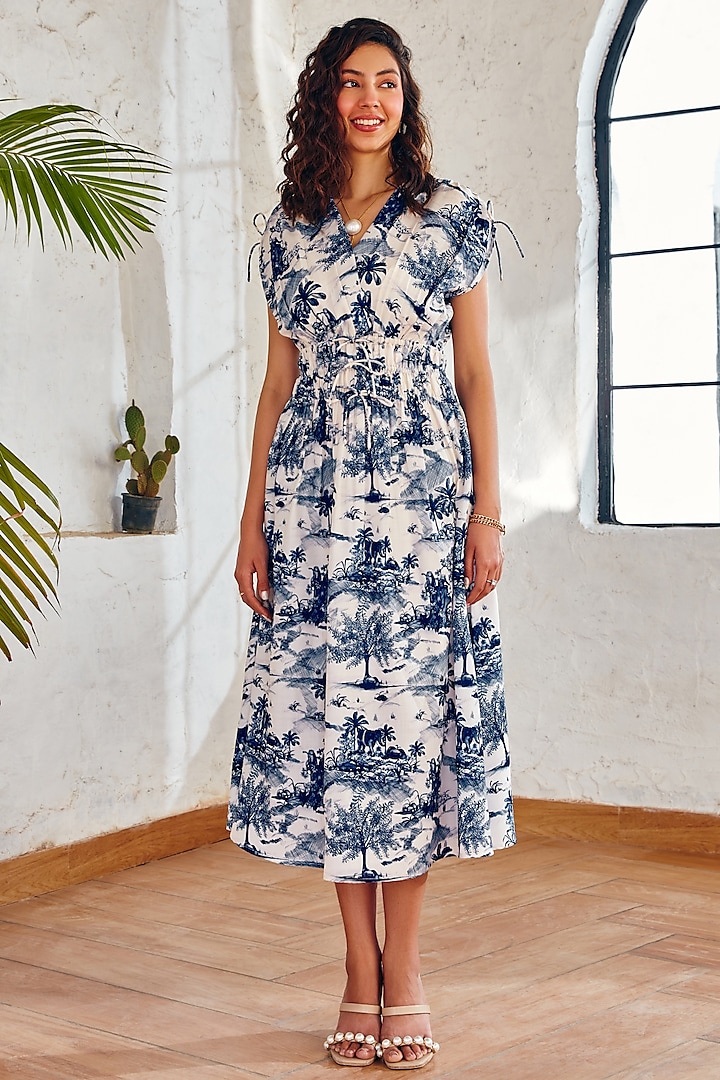 Off- White & Ink Blue Cotton Linen Printed Midi Dress by House Of Fett
