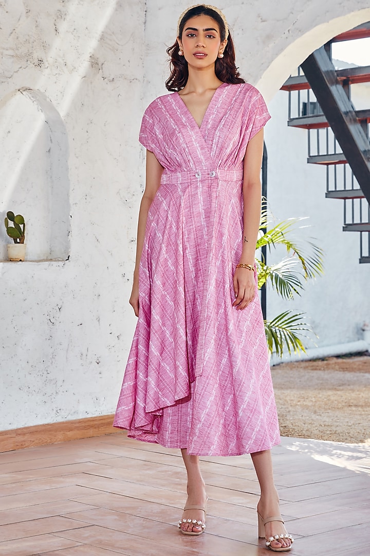 Light Pink Cotton Asymmetric Wrap Dress by House Of Fett