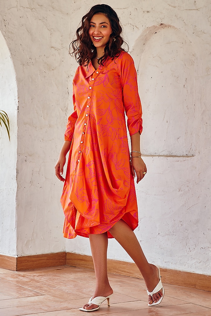 Bright Orange & Pink Cotton Printed Asymmetric Draped Dress by House Of Fett