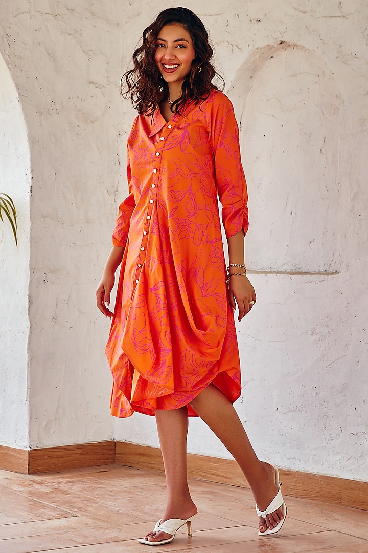 Bright Orange & Pink Cotton Printed Asymmetric Draped Dress by House Of Fett at Pernia's Pop Up Shop