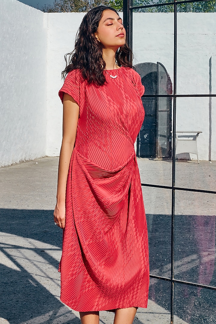 Brick Red Plated Knit Cowl Draped Midi Summer Dress by House Of Fett at Pernia's Pop Up Shop