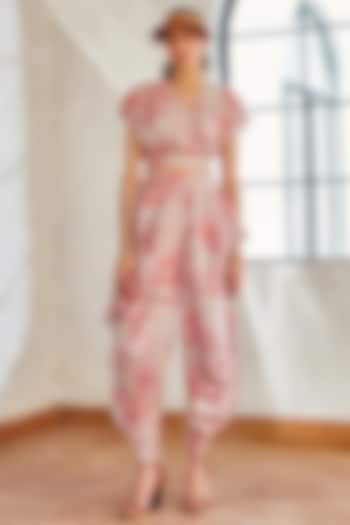 Rose Pink Cotton Linen Printed Pant Set by House Of Fett