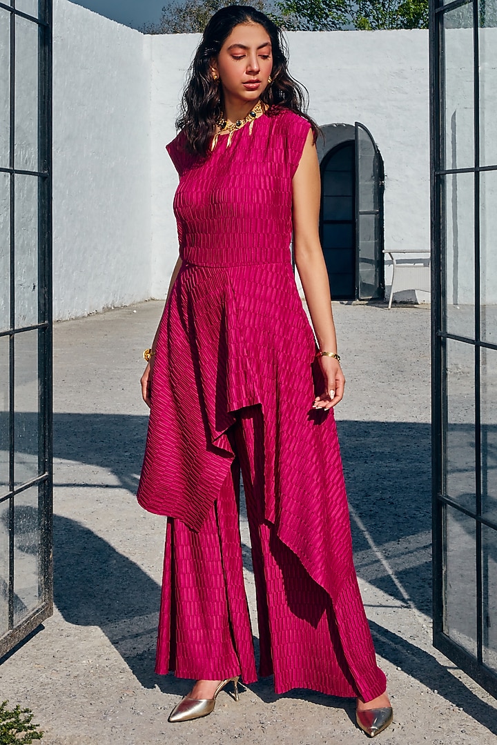 Magenta Pleated knit Pant Set by House Of Fett