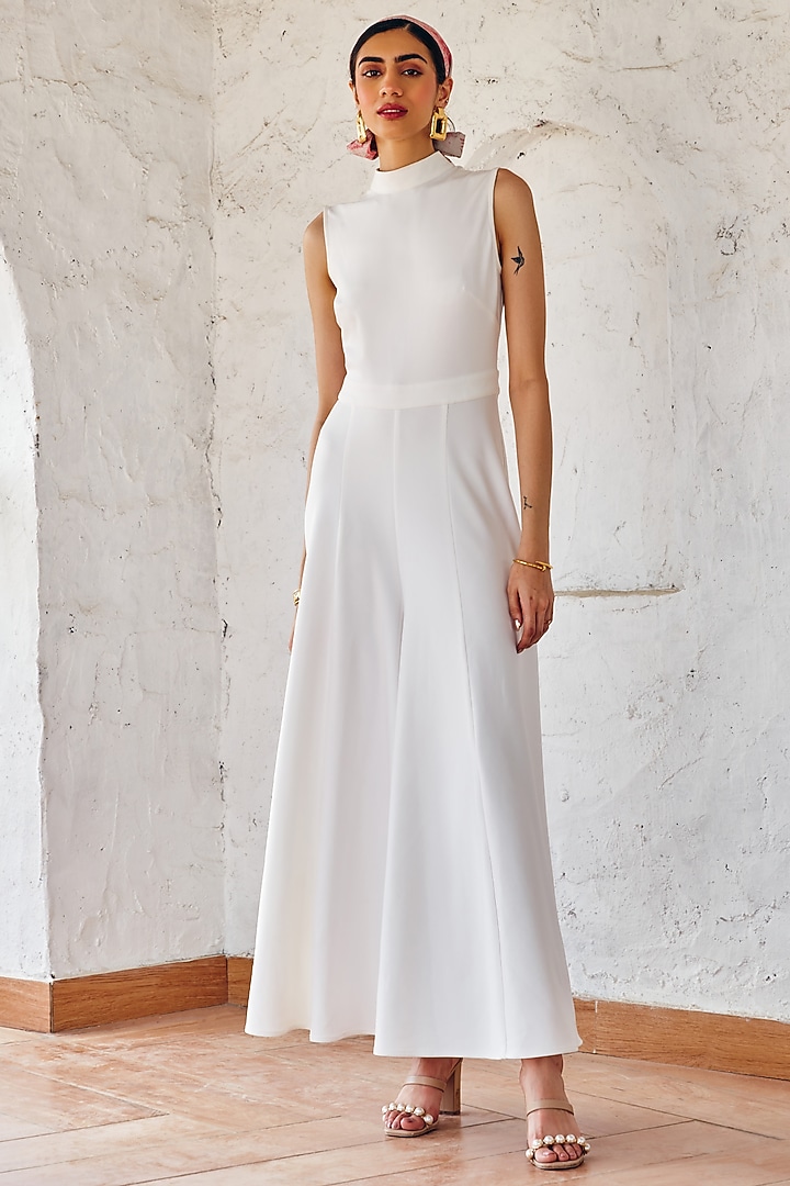 Pristine White Embossed Scuba Jumpsuit Design by House Of Fett at Pernia's Pop Up Shop 2024