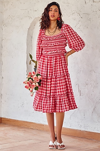 Rose Red Texture Georgette Printed Tiered Dress by House Of Fett