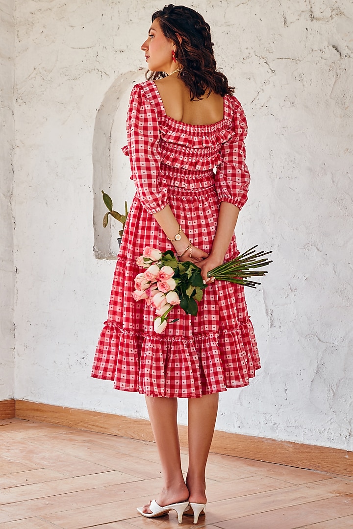 Rose Red Texture Georgette Printed Tiered Summer Dress by House Of Fett at Pernia's Pop Up Shop