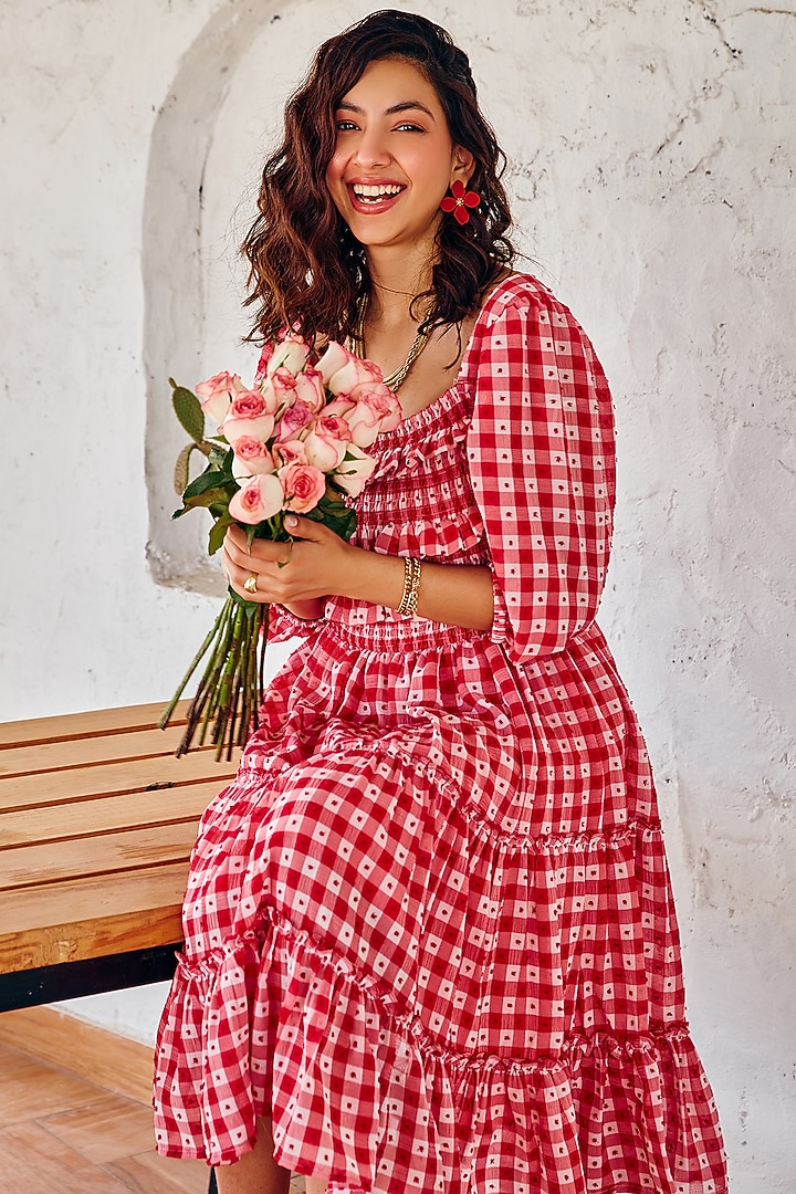 Rose Red Texture Georgette Printed Tiered Summer Dress by House Of Fett at Pernia's Pop Up Shop