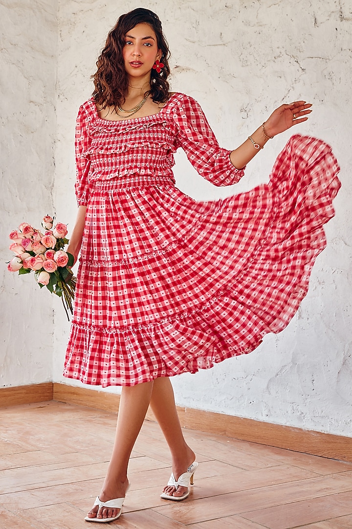 Rose Red Texture Georgette Printed Tiered Summer Dress by House Of Fett at Pernia's Pop Up Shop