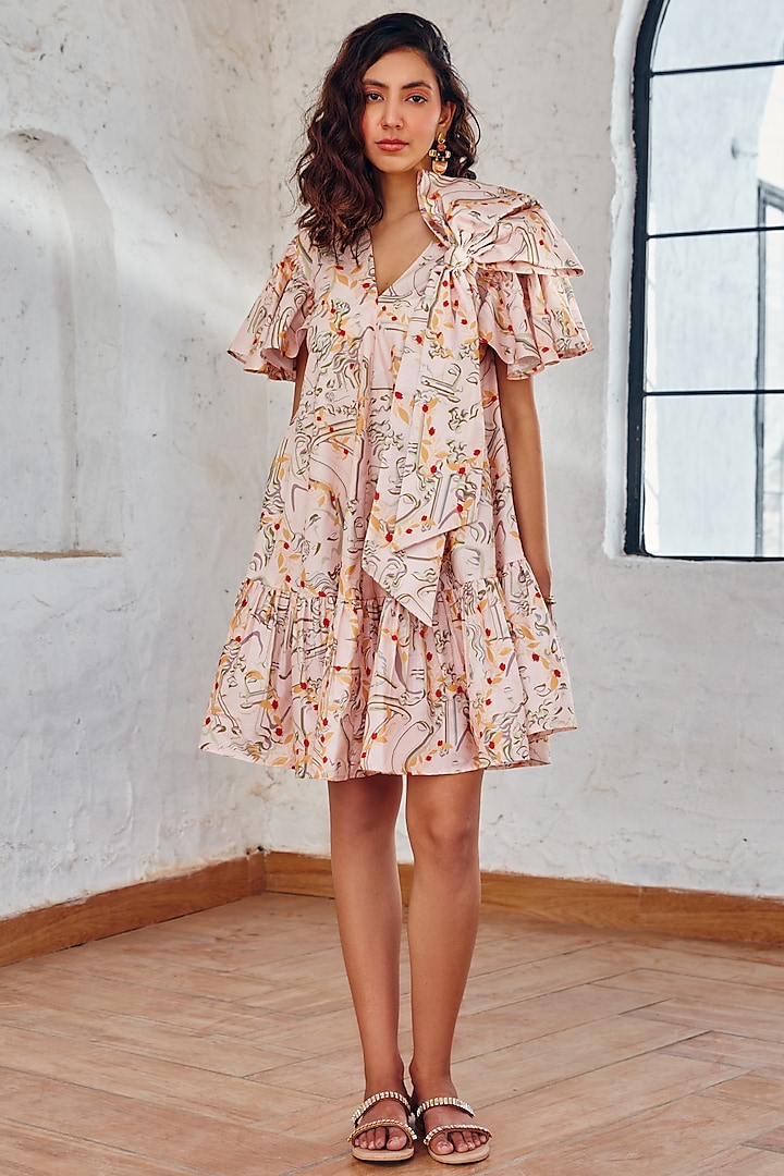 Baby Peach Cotton Linen Printed Dress by House Of Fett