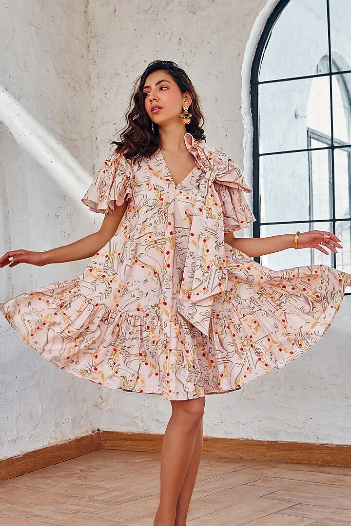 Baby Peach Cotton Linen Printed Summer Dress by House Of Fett at Pernia's Pop Up Shop