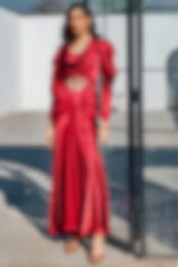 Red Satin Embroidered Pleated Gown by House Of Fett