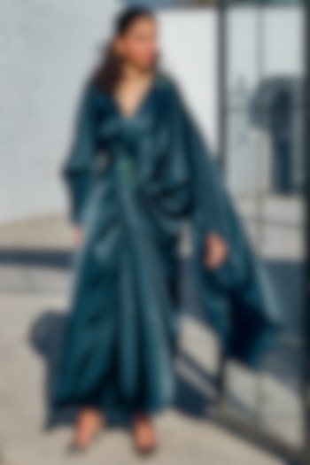 Teal Green Satin Hand Embroidered Draped Gown by House Of Fett