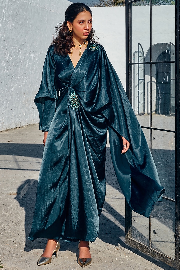 Teal Green Satin Hand Embroidered Draped Gown Design by House Of Fett ...