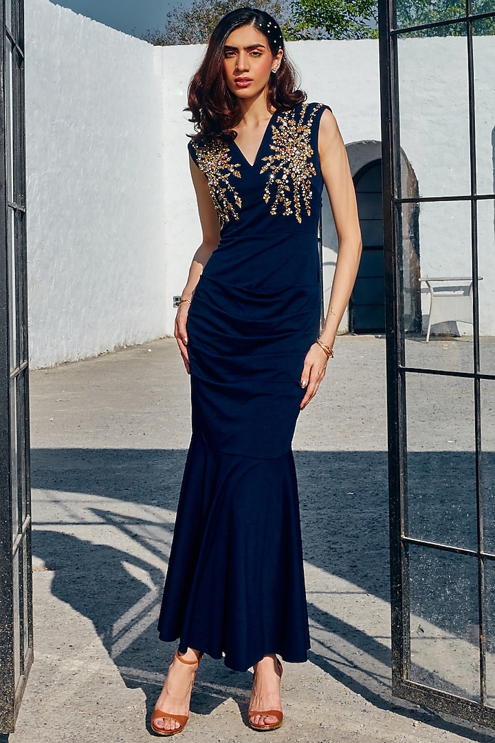 Royal Blue Twill Knit Embroidered Gown by House Of Fett