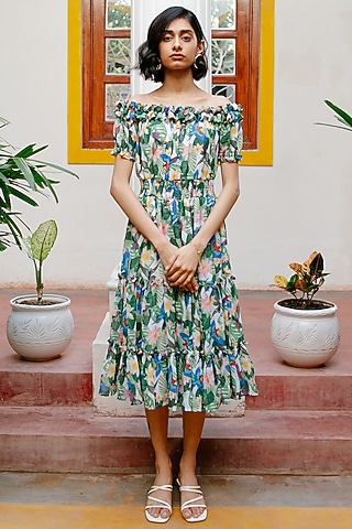 Green Printed Layered Dress by House Of Fett