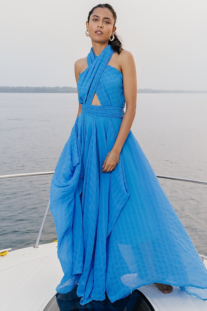 Sea Blue Printed Gown by House Of Fett